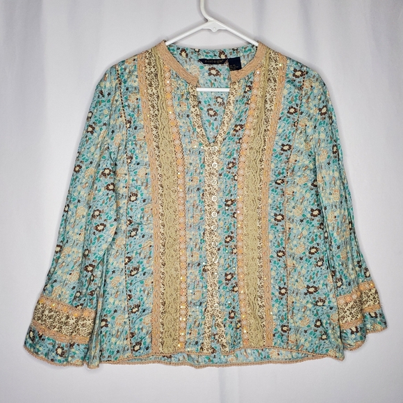 Ecologie Tops - Ecologie Button Top Womens XL Sequin‎ Lace Floral Pleated Button Coastal Cowgirl